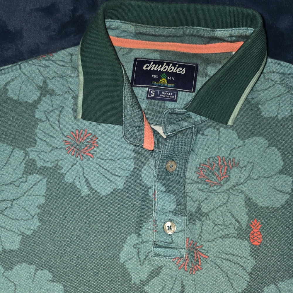 Chubbies Mens Small Green‎ Floral Hibiscus Polo Shirt Short Sleeve Rayon Blend